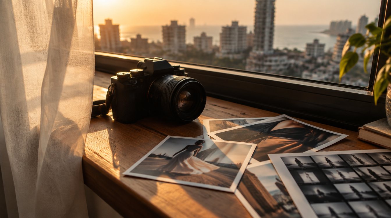 A camera and printed fashion photographs on a windowsill overlooking Mumbai at sunset